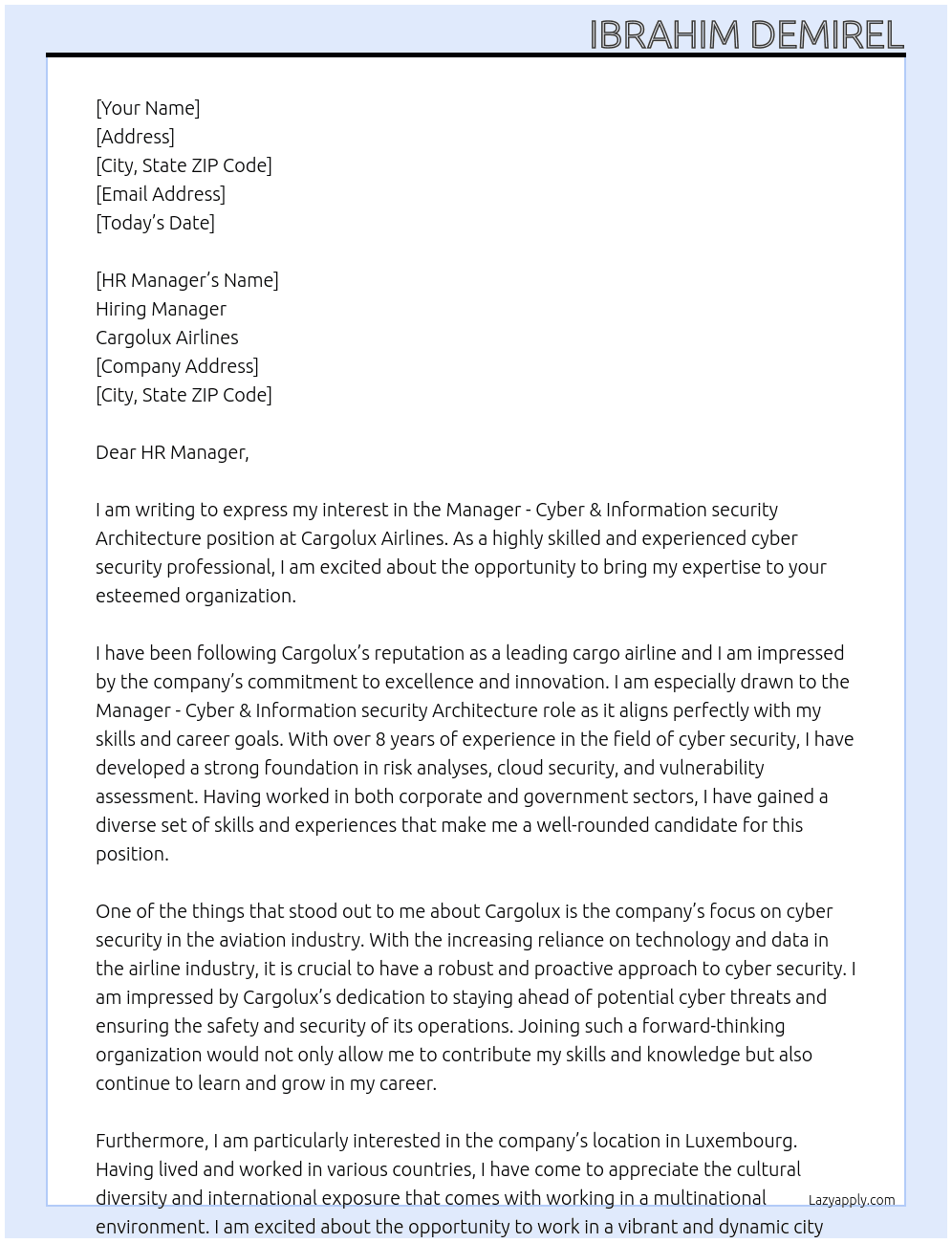Manager - Cyber & Information security Architecture At Cargolux Airlines Cover Letter