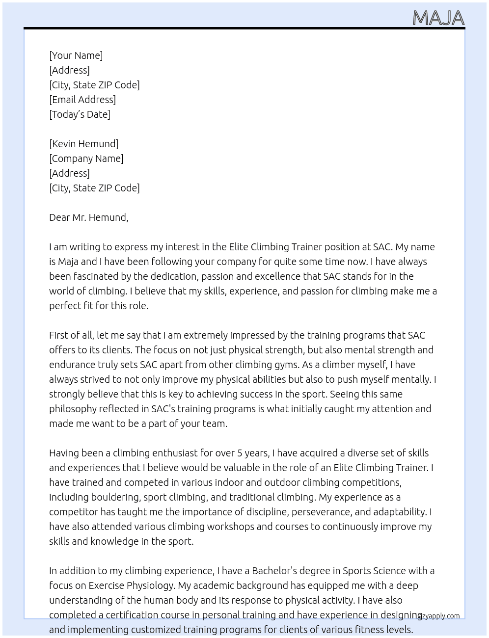 elite climbing tranier At SAC Cover Letter