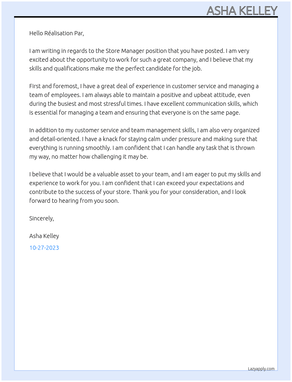 Store Manager At Réalisation Par Cover Letter