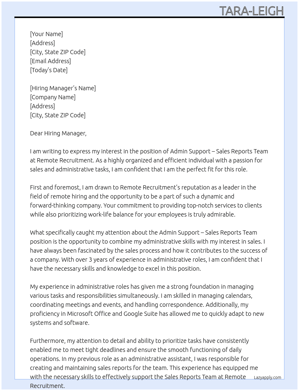 Cover letter for admin support – sales reports team - LazyApply