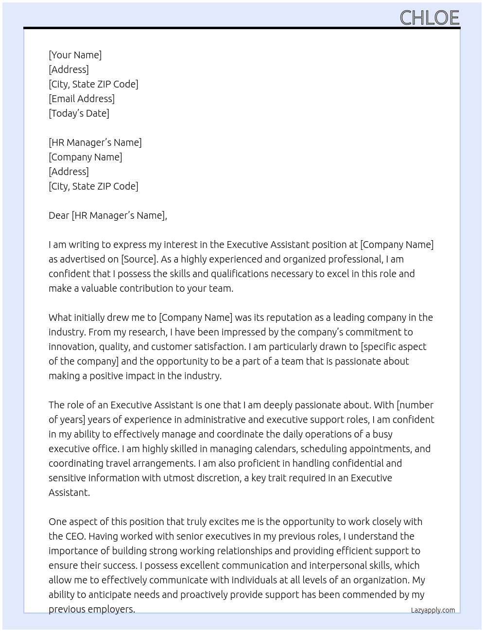 Executive assistant  At Ceo Cover Letter