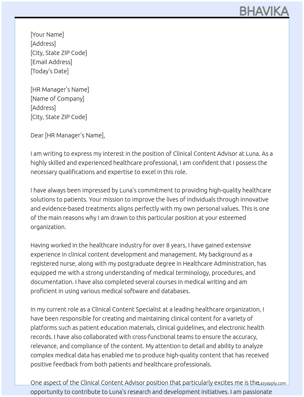 Clinical Content Advisor At luna Cover Letter