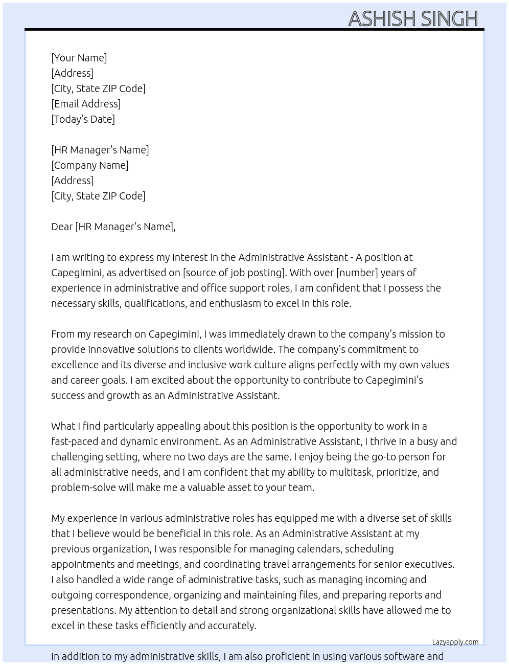  Administrative Assistant - A (27192) At Capegimini Cover Letter