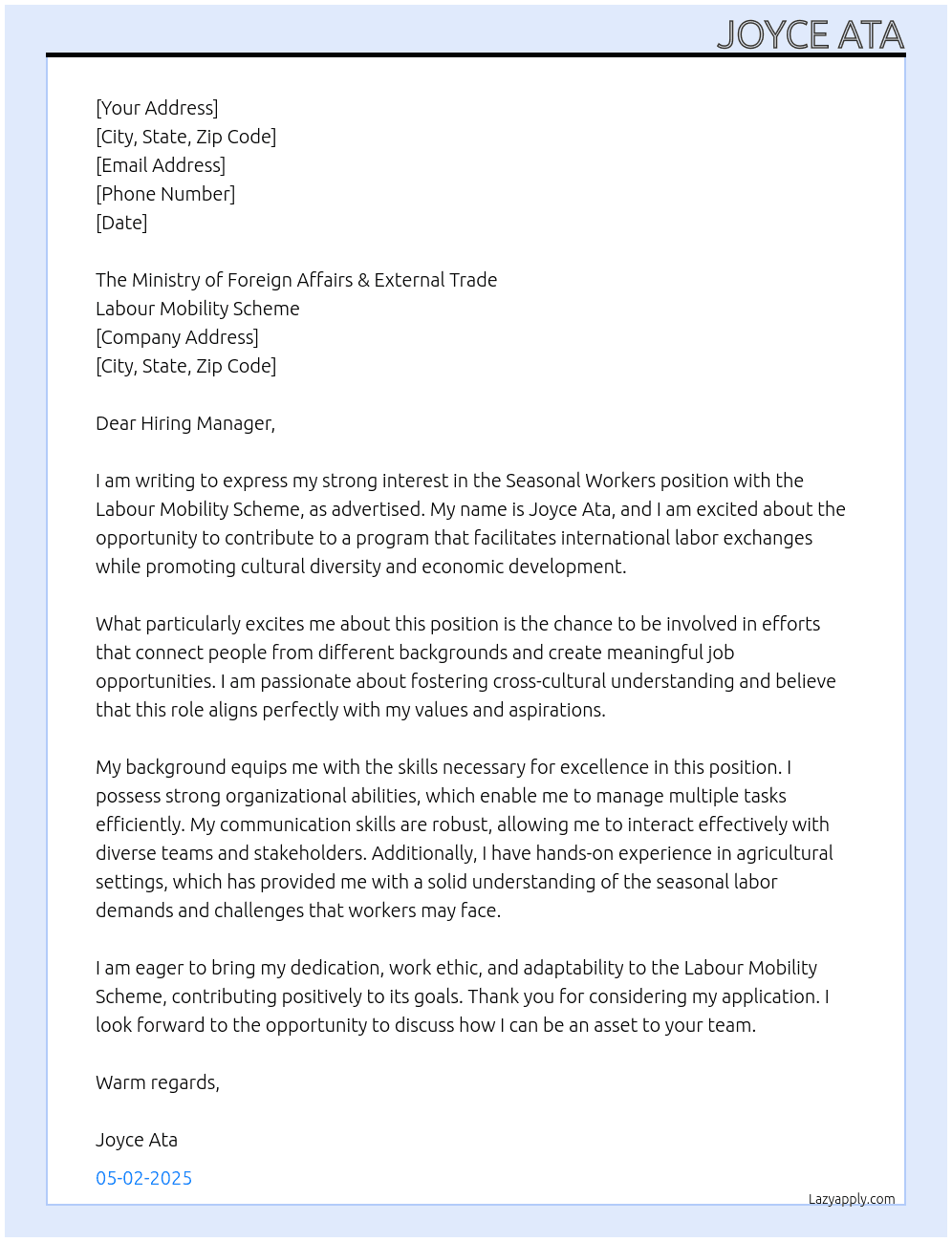 Seasonal workers At Labour mobility scheme Cover Letter