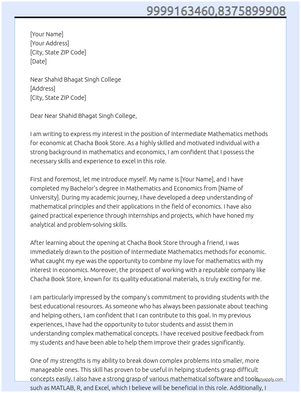 Intermediate Mathematics methods for economic  At Chacha book Store  Cover Letter