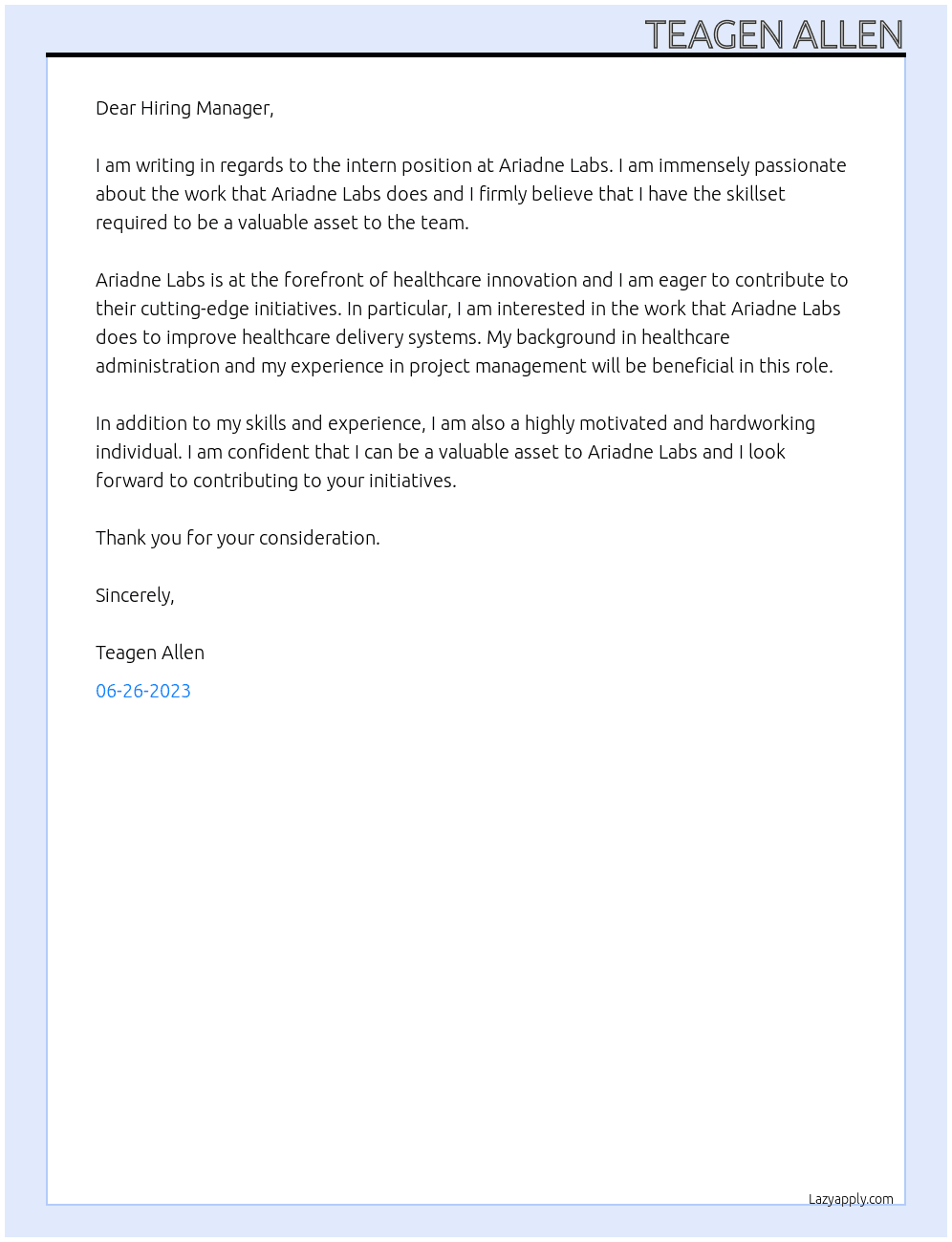 Intern At Ariadne Labs Cover Letter