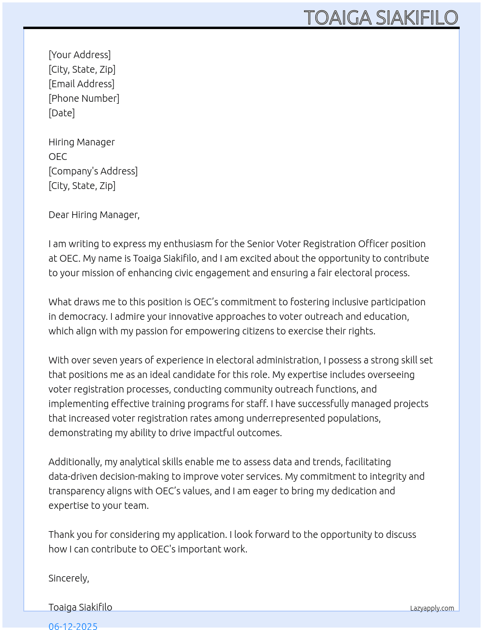 Senior Voter Registration Officer At OEC Cover Letter