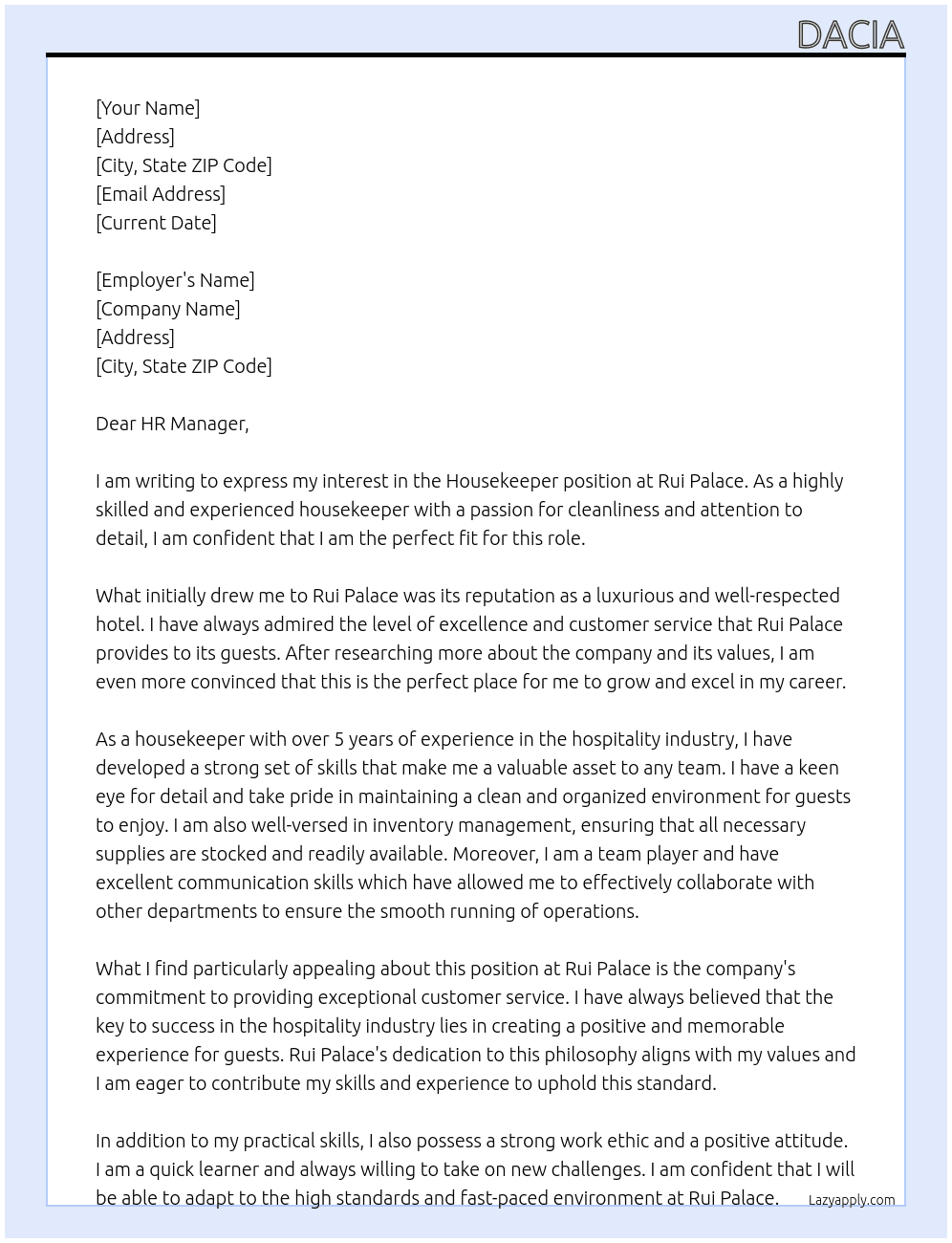 hosekeeper At rui palace Cover Letter