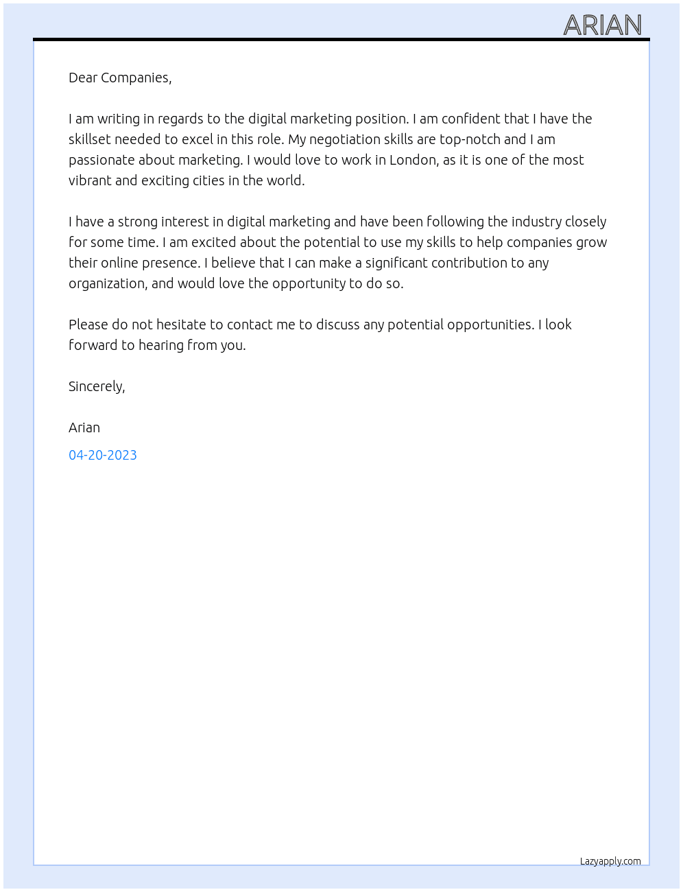 digital marketing  At companies Cover Letter