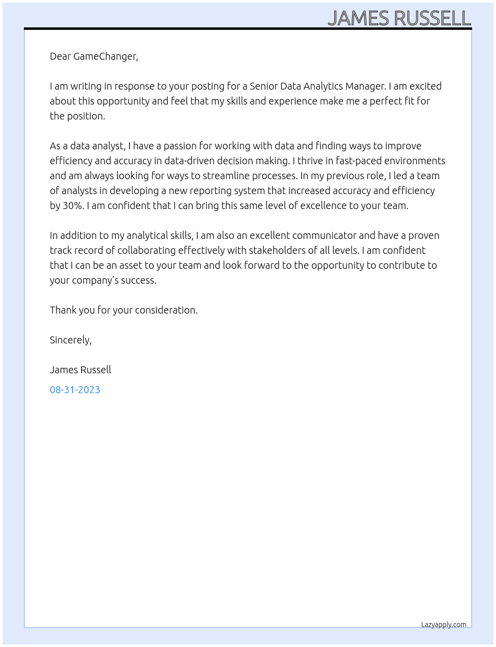 Senior Data Analytics Manager At GameChanger Cover Letter