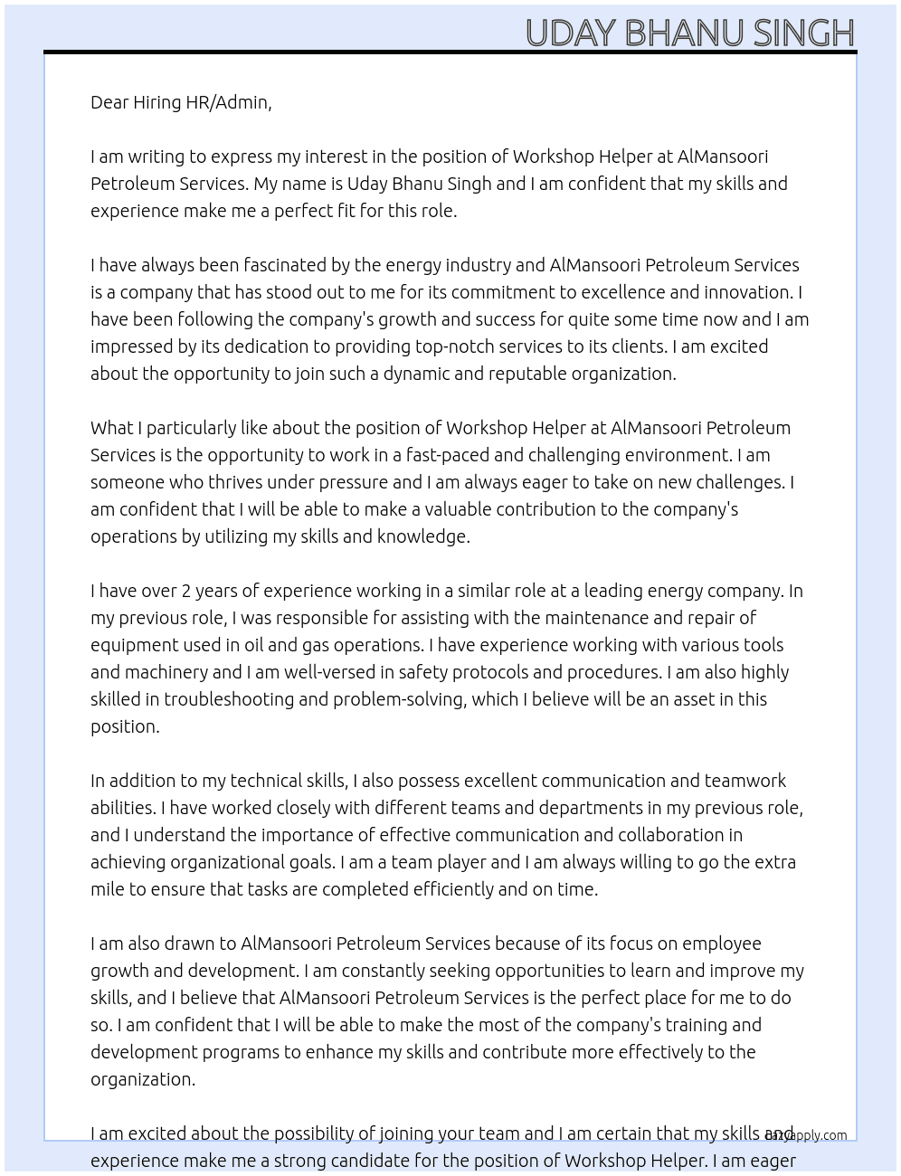 WORKSHOP HELPER At AlMansoori Petroleum Services Cover Letter