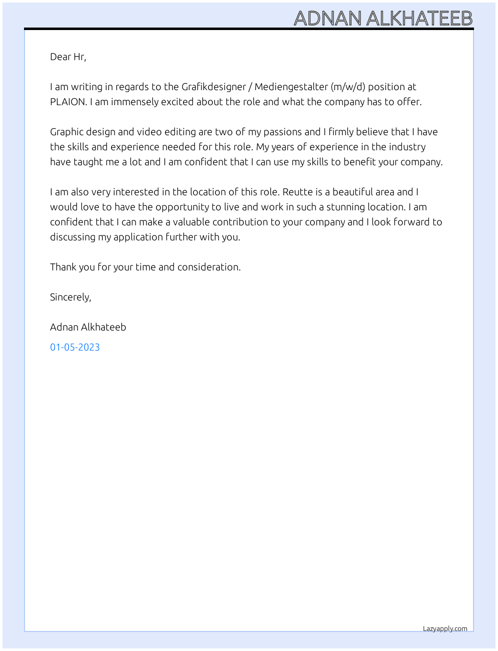 Grafikdesigner / Mediengestalter (m/w/d) At PLAION Cover Letter