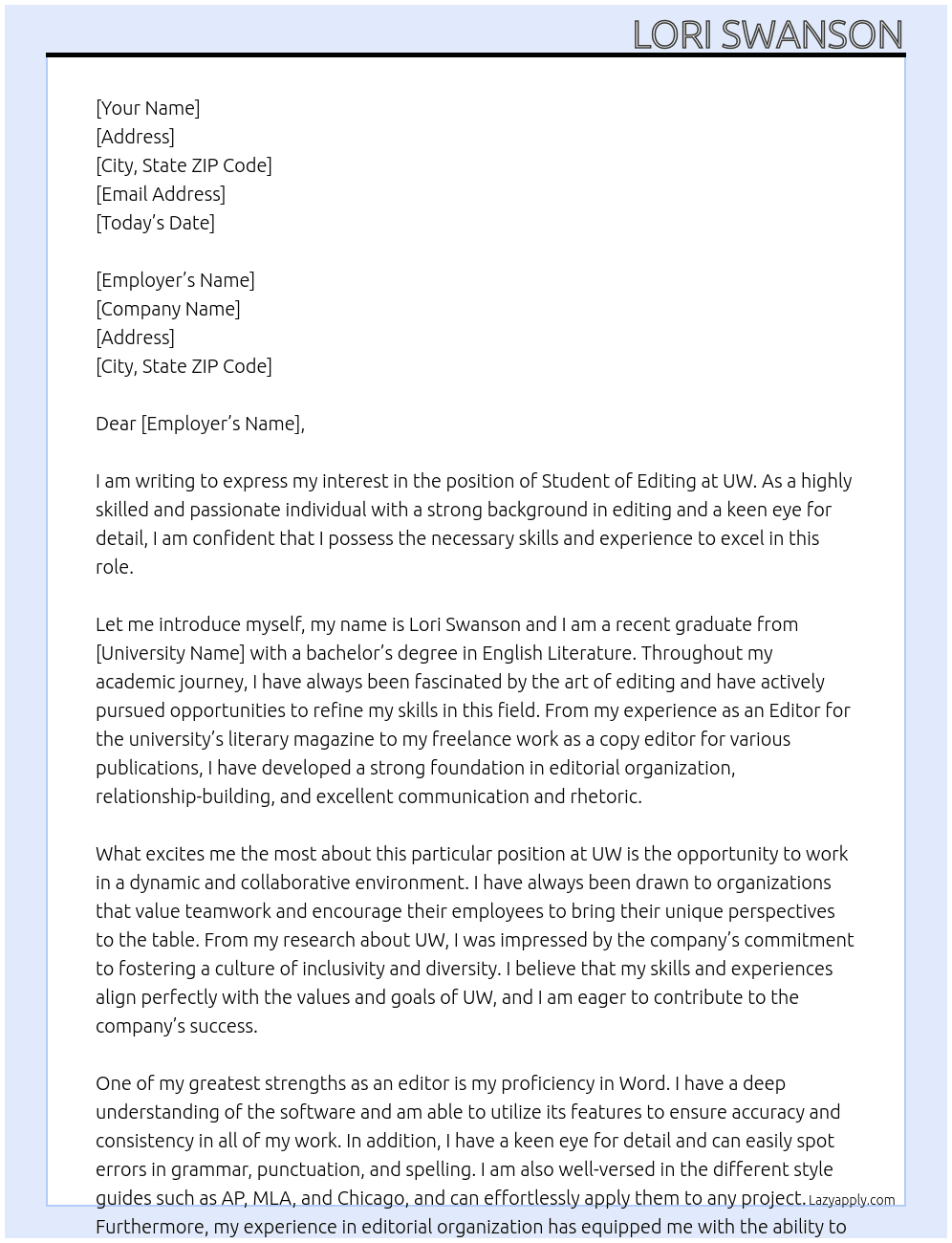 student of editing At UW Cover Letter