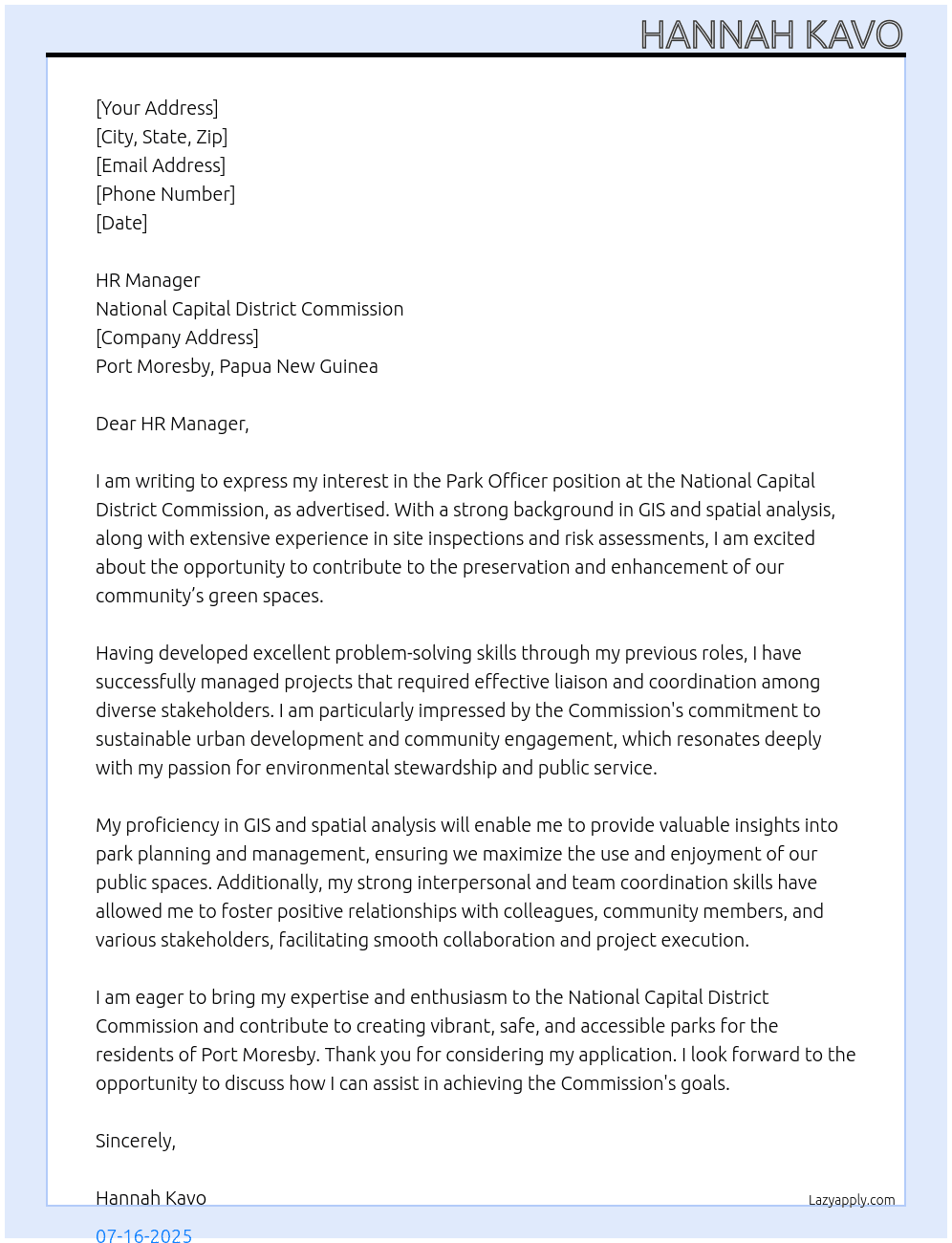 Park Officer  At National Capital District Commission  Cover Letter