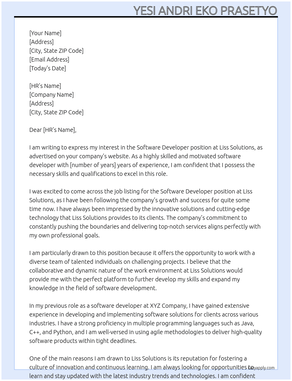 Software Developer At Liss Solutions Cover Letter
