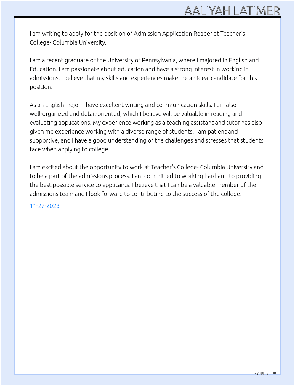 Admission Application Reader At Teacher's College- Columbia University Cover Letter
