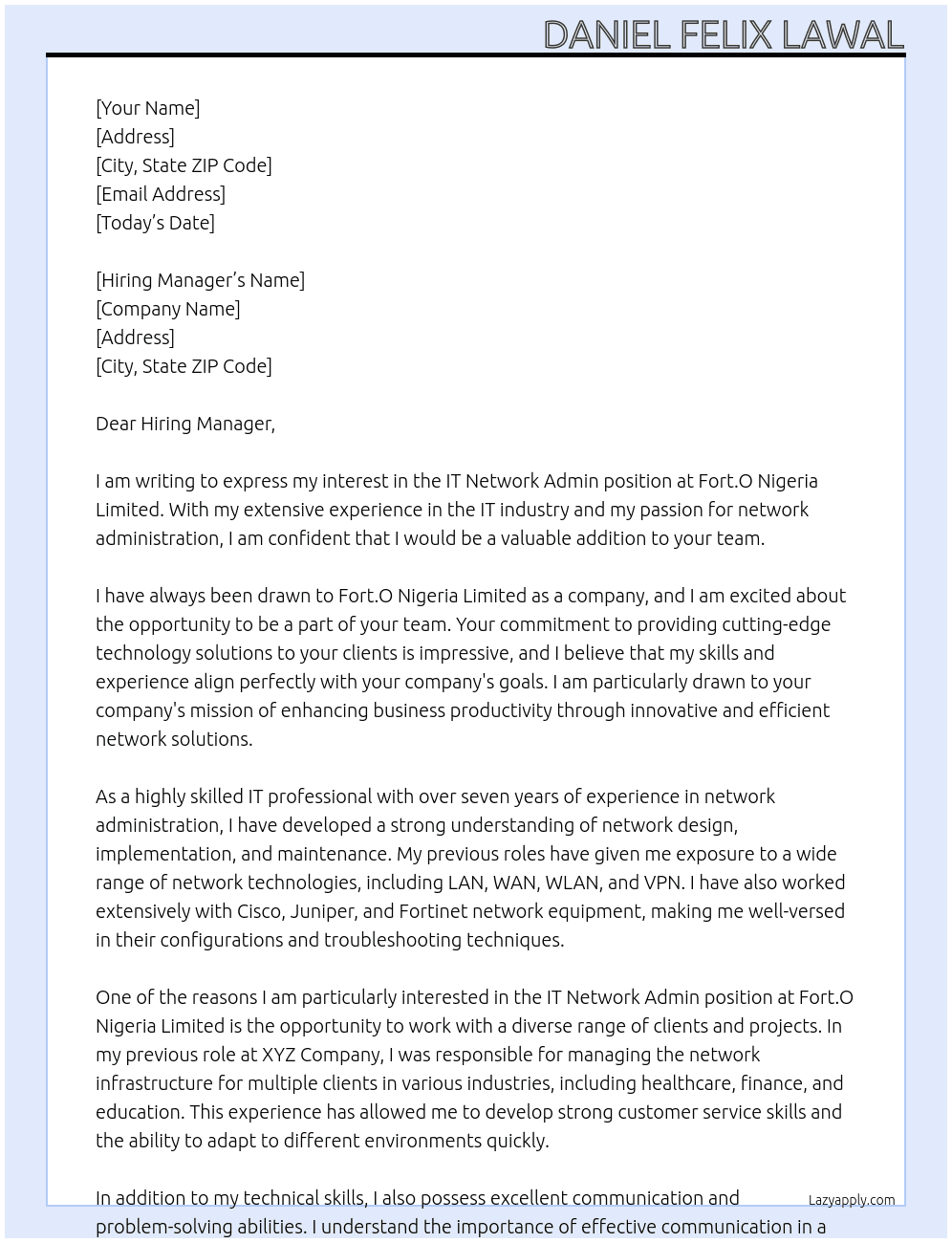 IT Network Admin At Fort.O Nigeria Limited Cover Letter