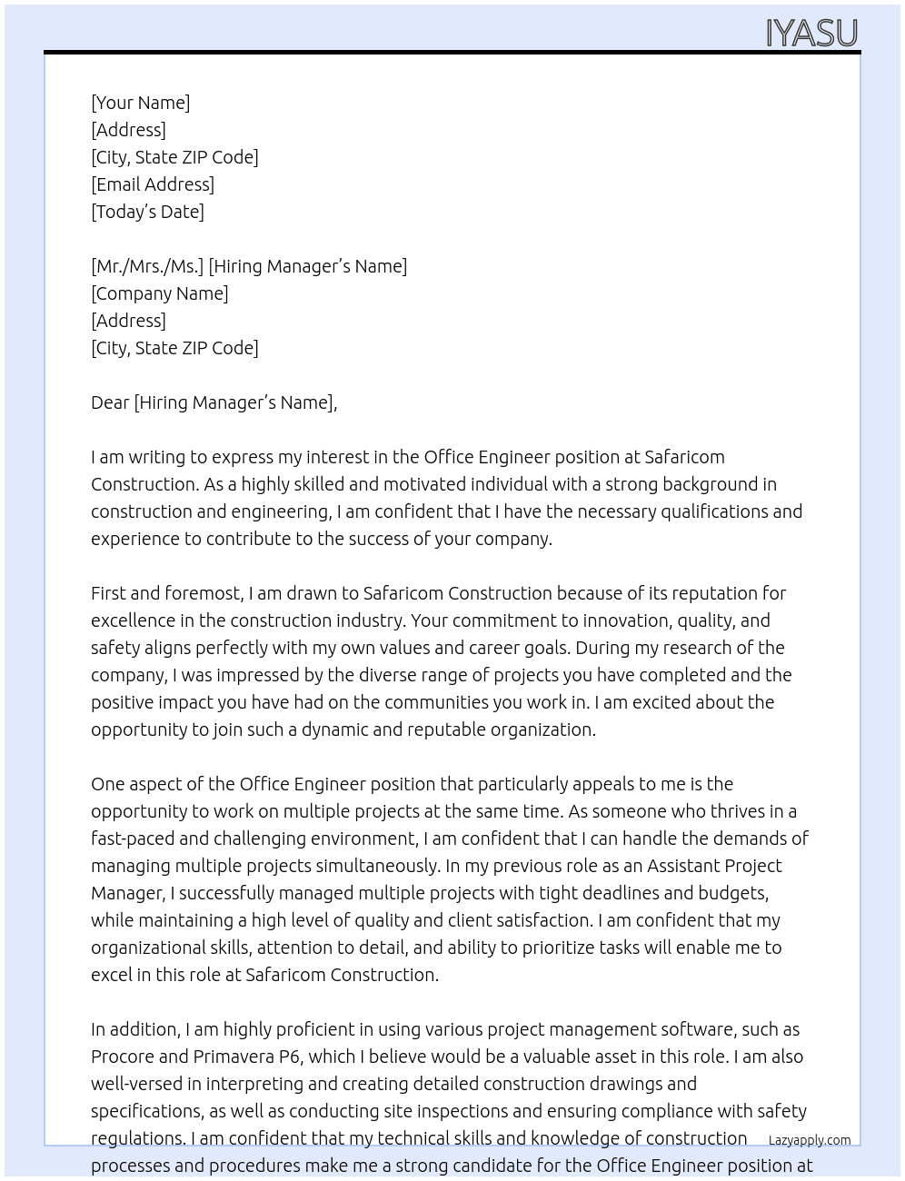 office engineer At safaricom construction Cover Letter