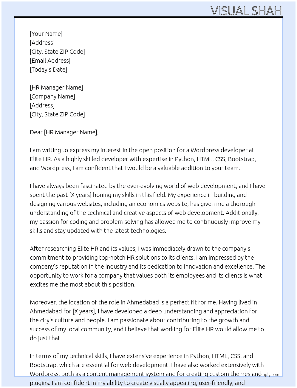 Wordpress developer At Elite HR Cover Letter