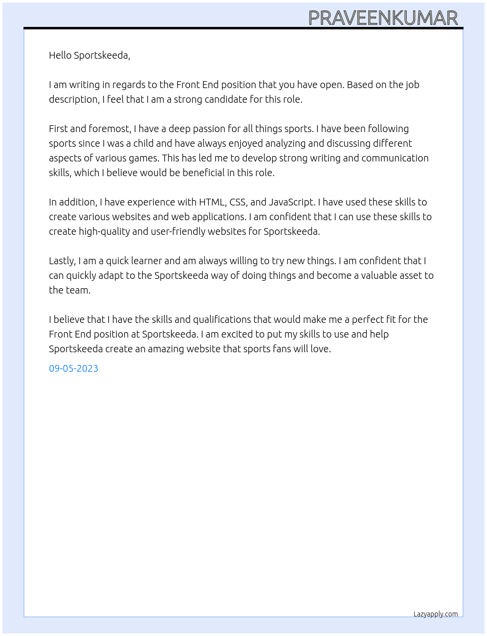 Front end At Sportskeeda Cover Letter
