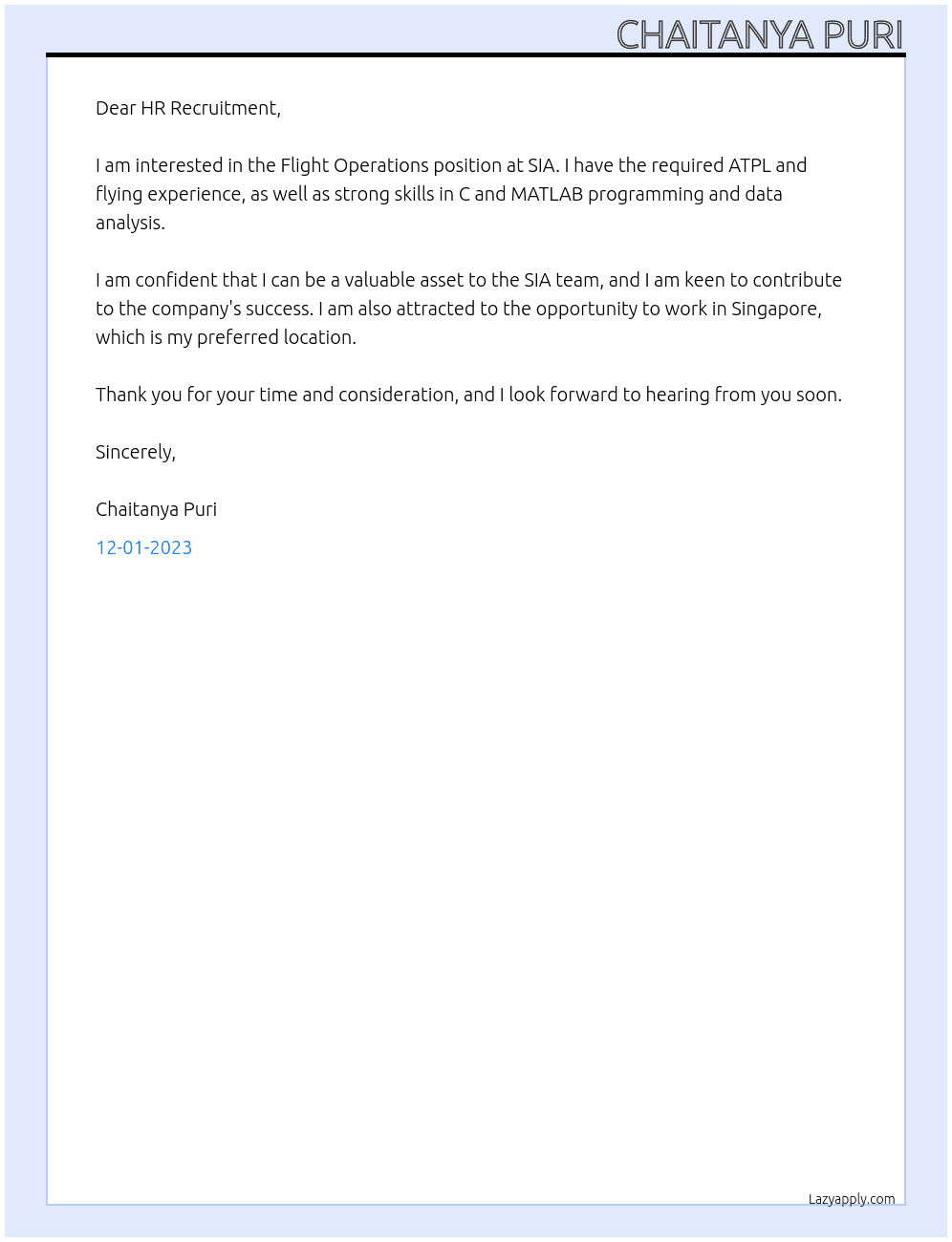 Flight Operations At SIA Cover Letter