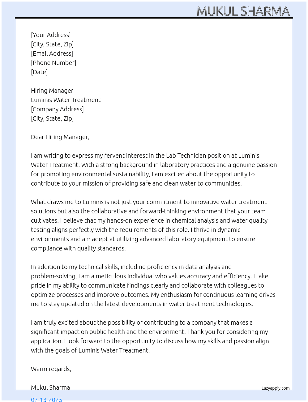 Lab technicians  At Luminis Water Treatment Cover Letter