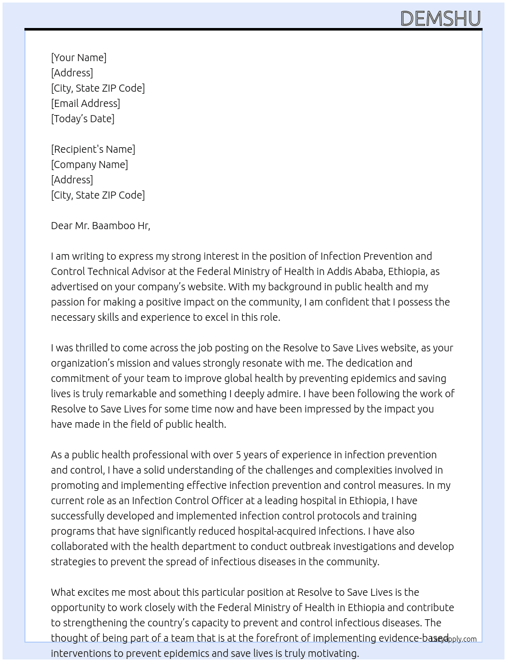 Infection Prevention and Control Technical Advisor, Federal Ministry of Health - Addis Ababa, Ethiopia At Resolve to save live Cover Letter