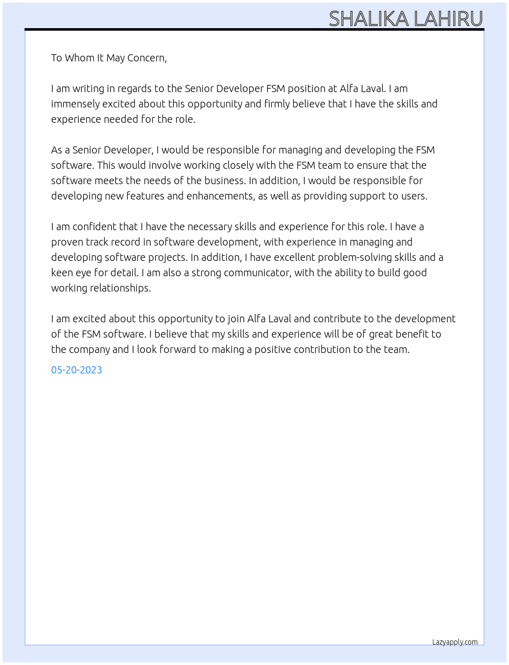 Senior Developer FSM At Alfa Laval Cover Letter