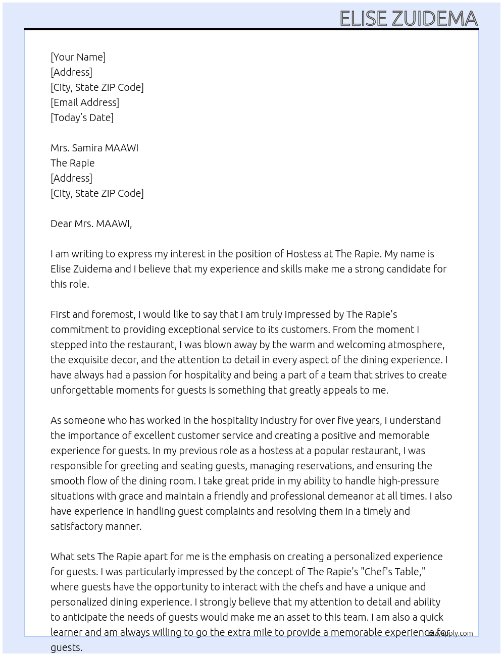 Hostess At The rapie Cover Letter