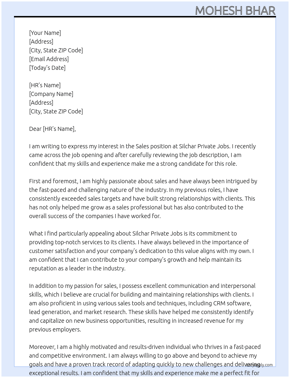 Sales,  At Silchar privet jobs  Cover Letter