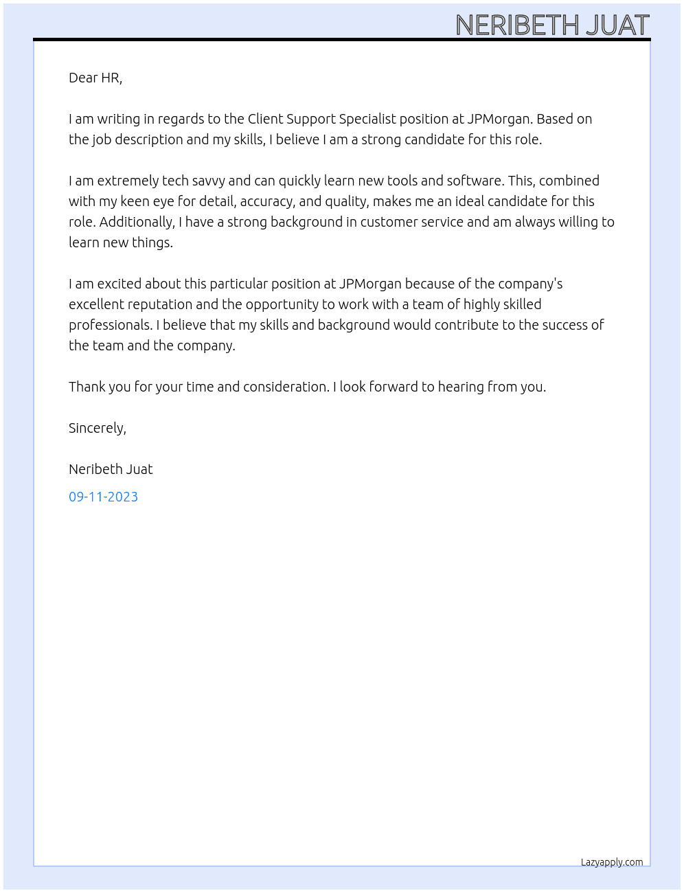 Client Support Specialist At JPMorgan Cover Letter