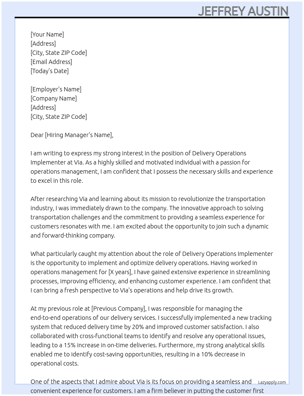 Delivery Operations Implementer  At Via Cover Letter