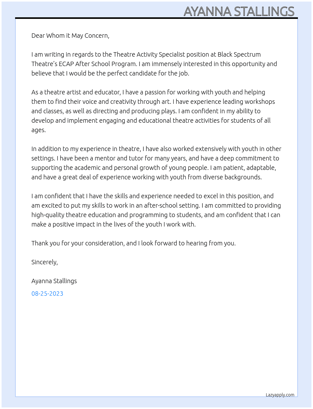 Theatre Activity Specialist  At Black Spectrum Theatre’s ECAP After School Program  Cover Letter