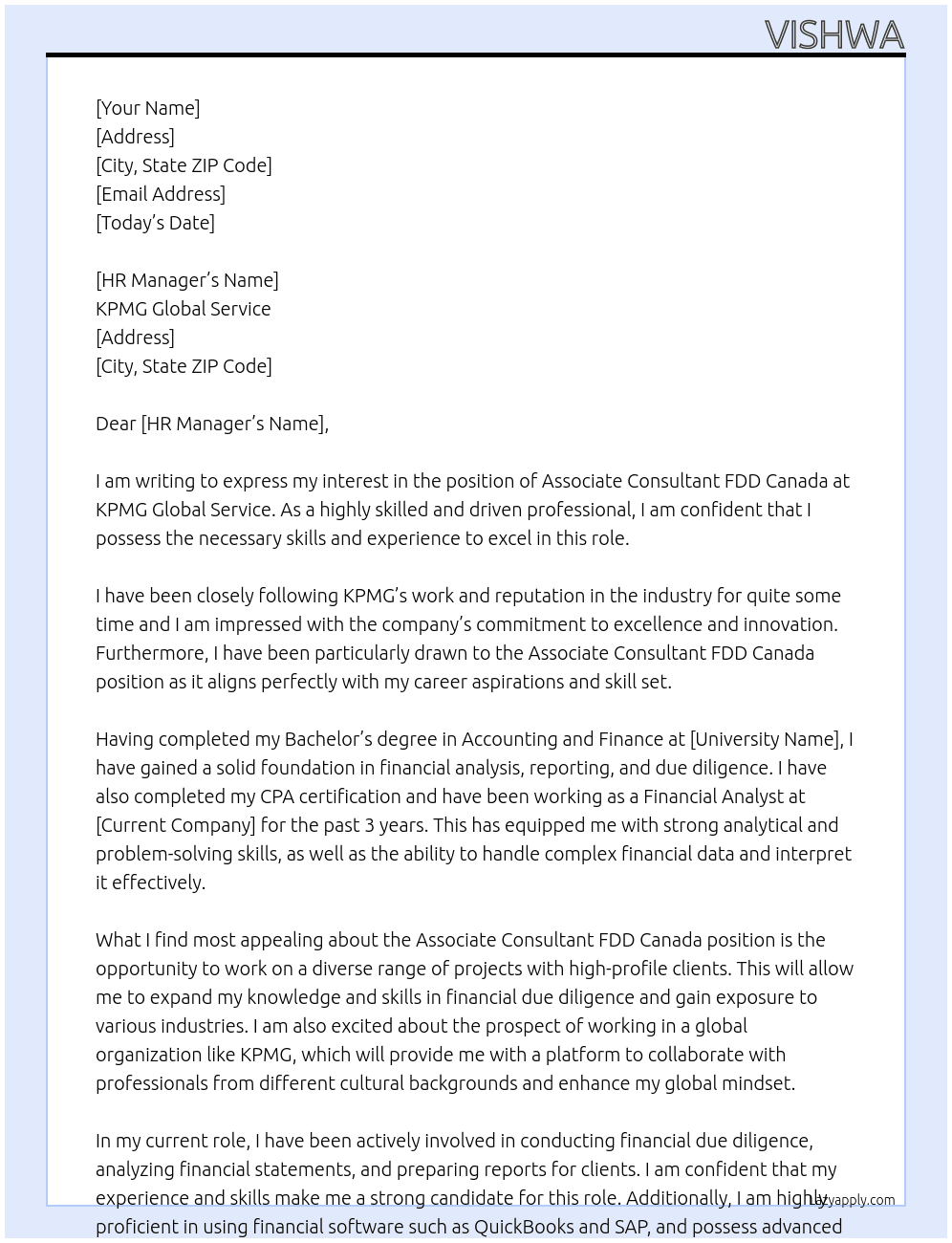 Associate Consultant FDD Canada At KPMG global service Cover Letter