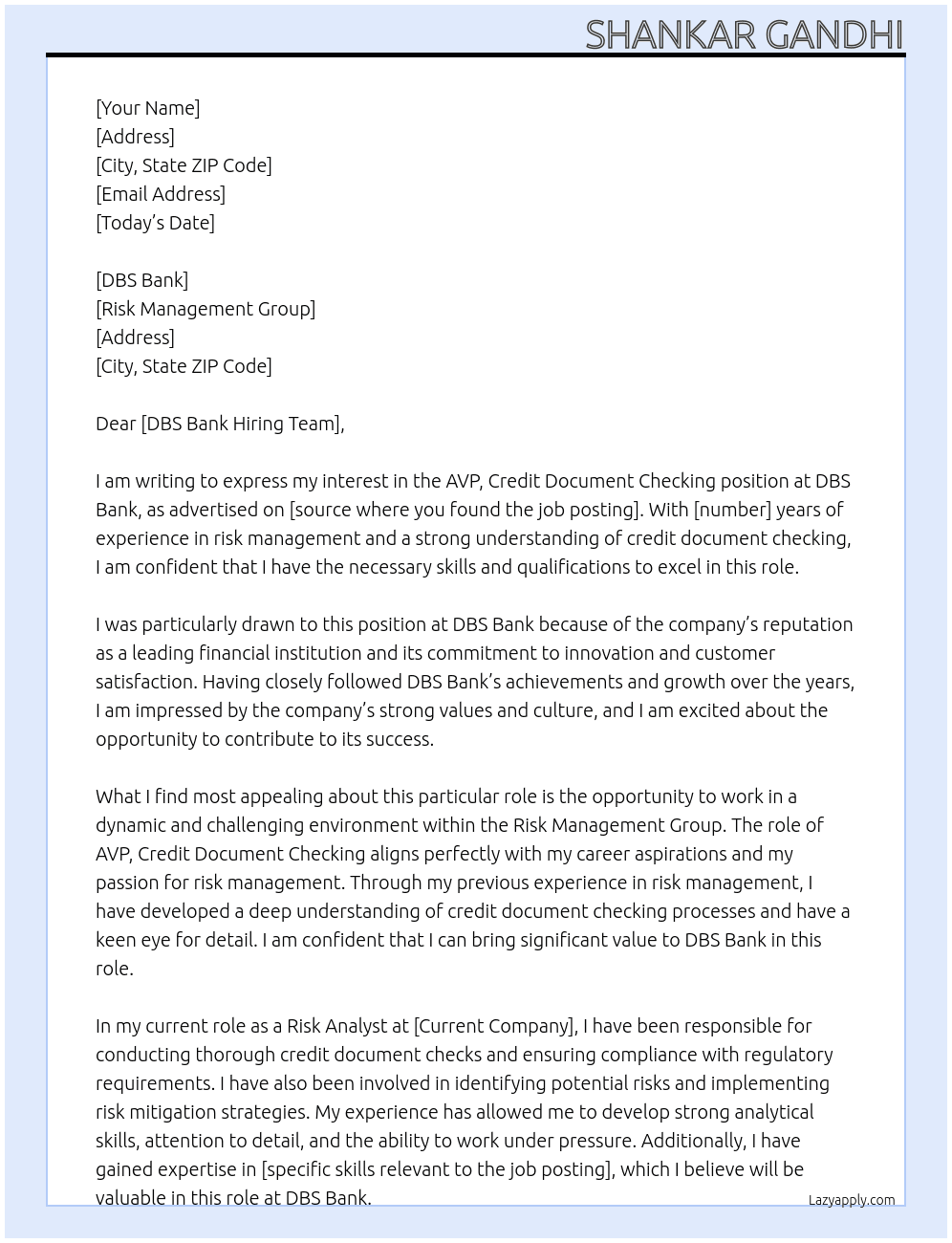 AVP, Credit Document Checking At DBS Bank Cover Letter