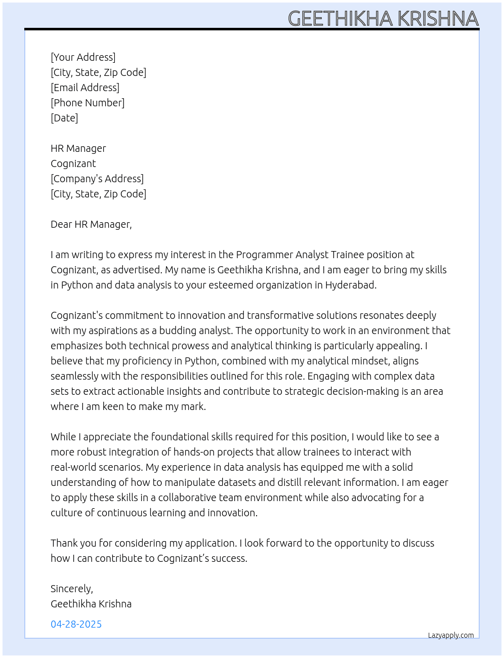 Cover letter for programmer analyst trainee - LazyApply