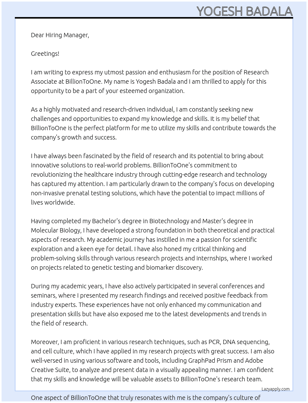 Research Associate At BillionToOne Cover Letter