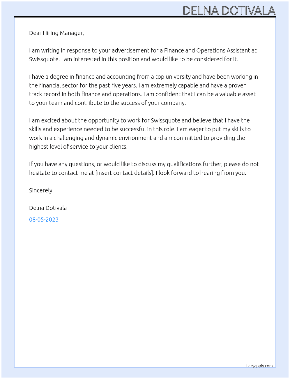 Finance and Operations Assistant At Swissquote Cover Letter