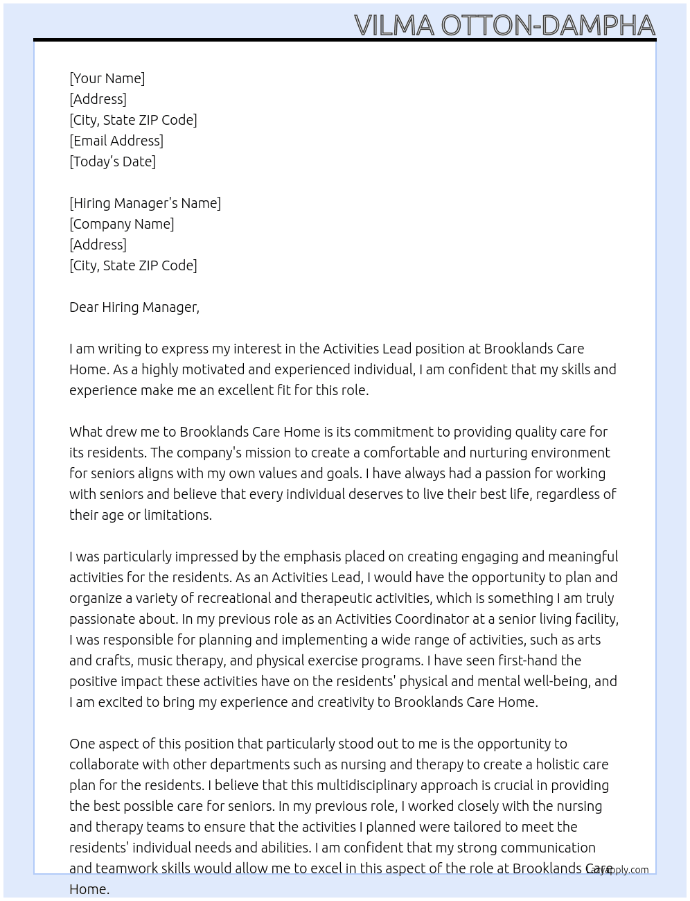 Activities Lead At Brooklands Care Home Cover Letter