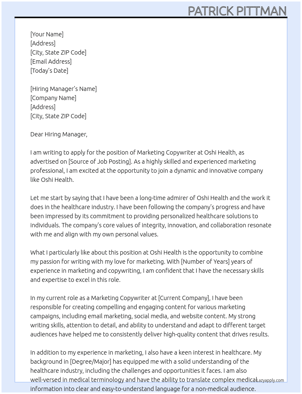 marketing copywriter At Oshi Health Cover Letter