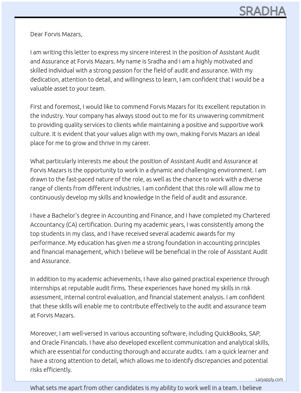 Assistant audit and assurance  At Forvis mazars Cover Letter