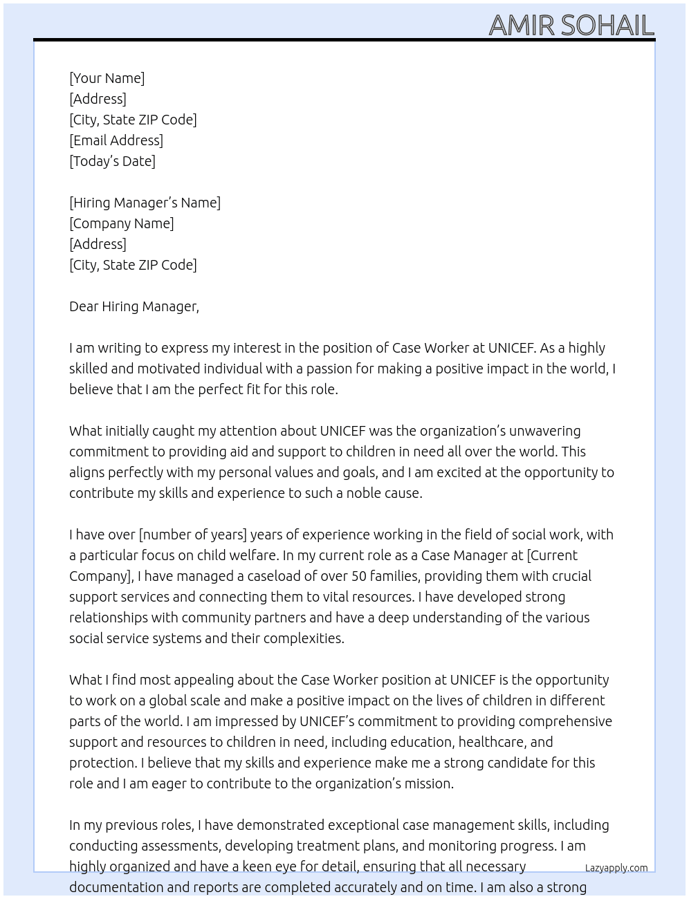 Case Worker At UNICEF Cover Letter