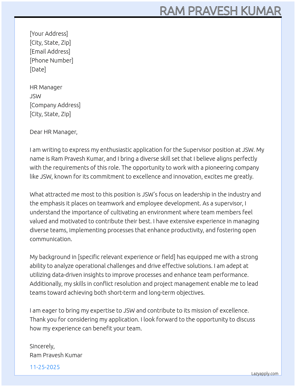 Cover letter for jsw - LazyApply