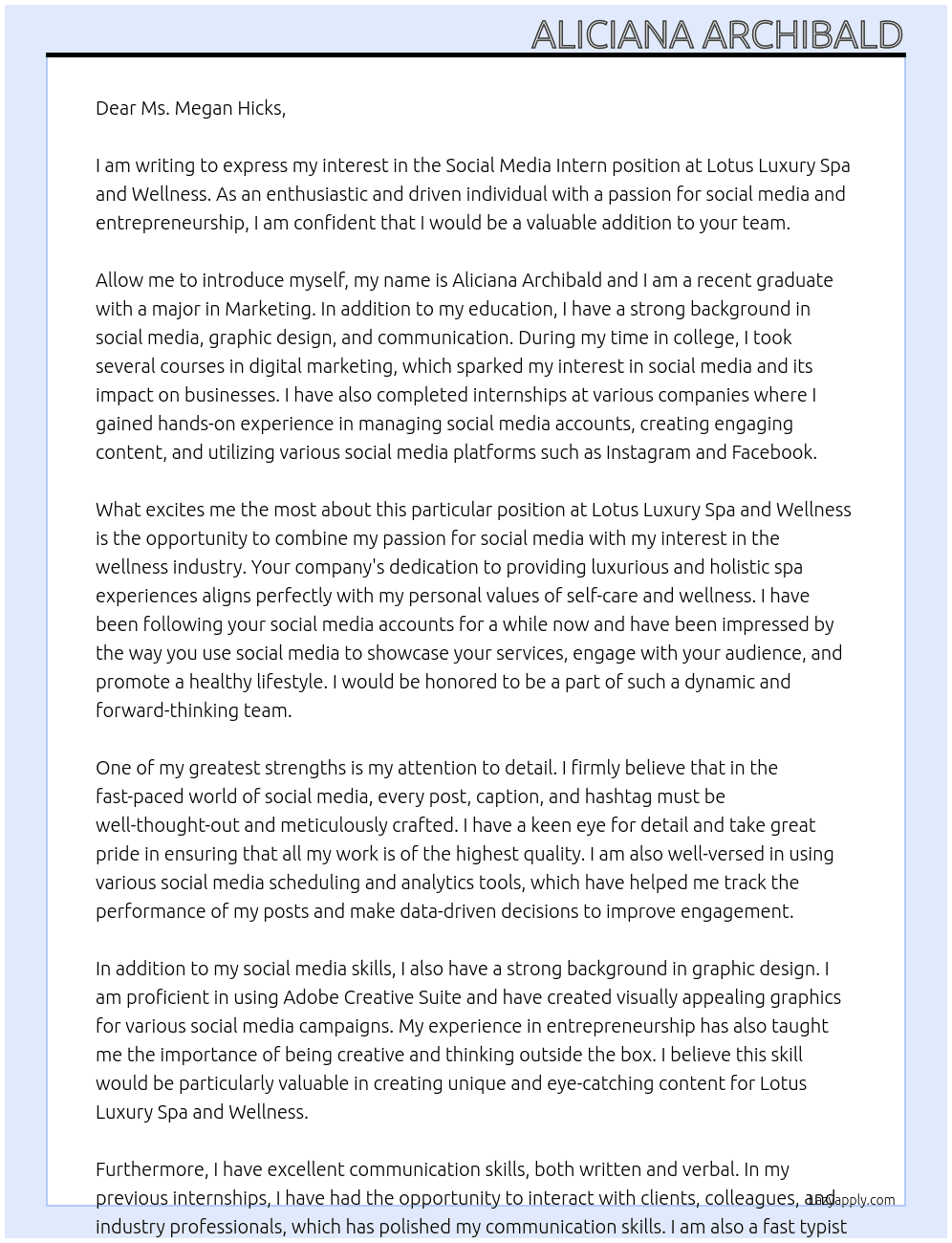 Social Media Intern At Lotus Luxury Spa and Wellness Cover Letter