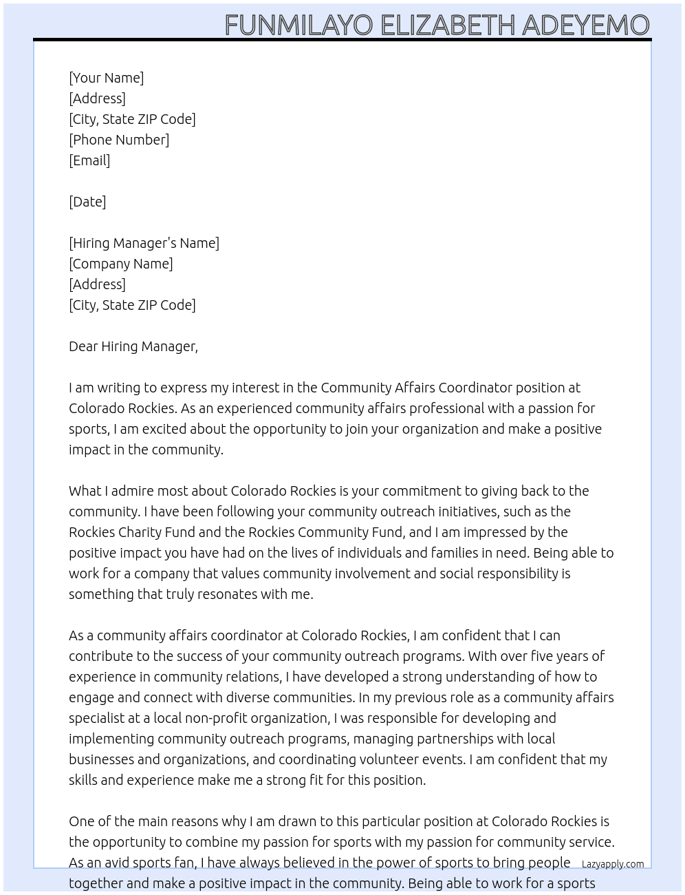Community Affairs Coordy At Colorado Rockies Cover Letter