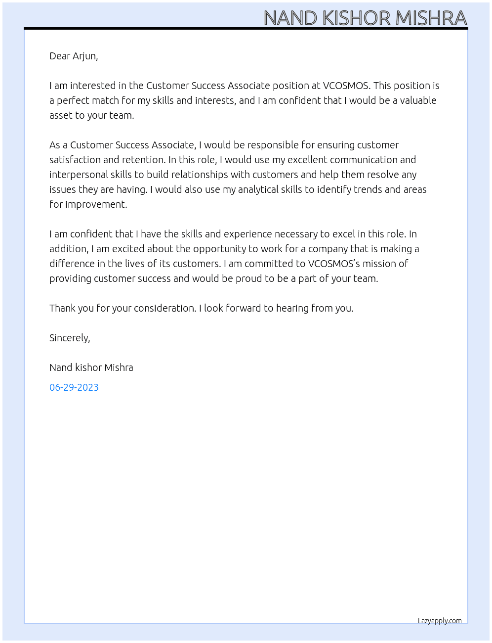 Customer success Associate At VCOSMOS Cover Letter