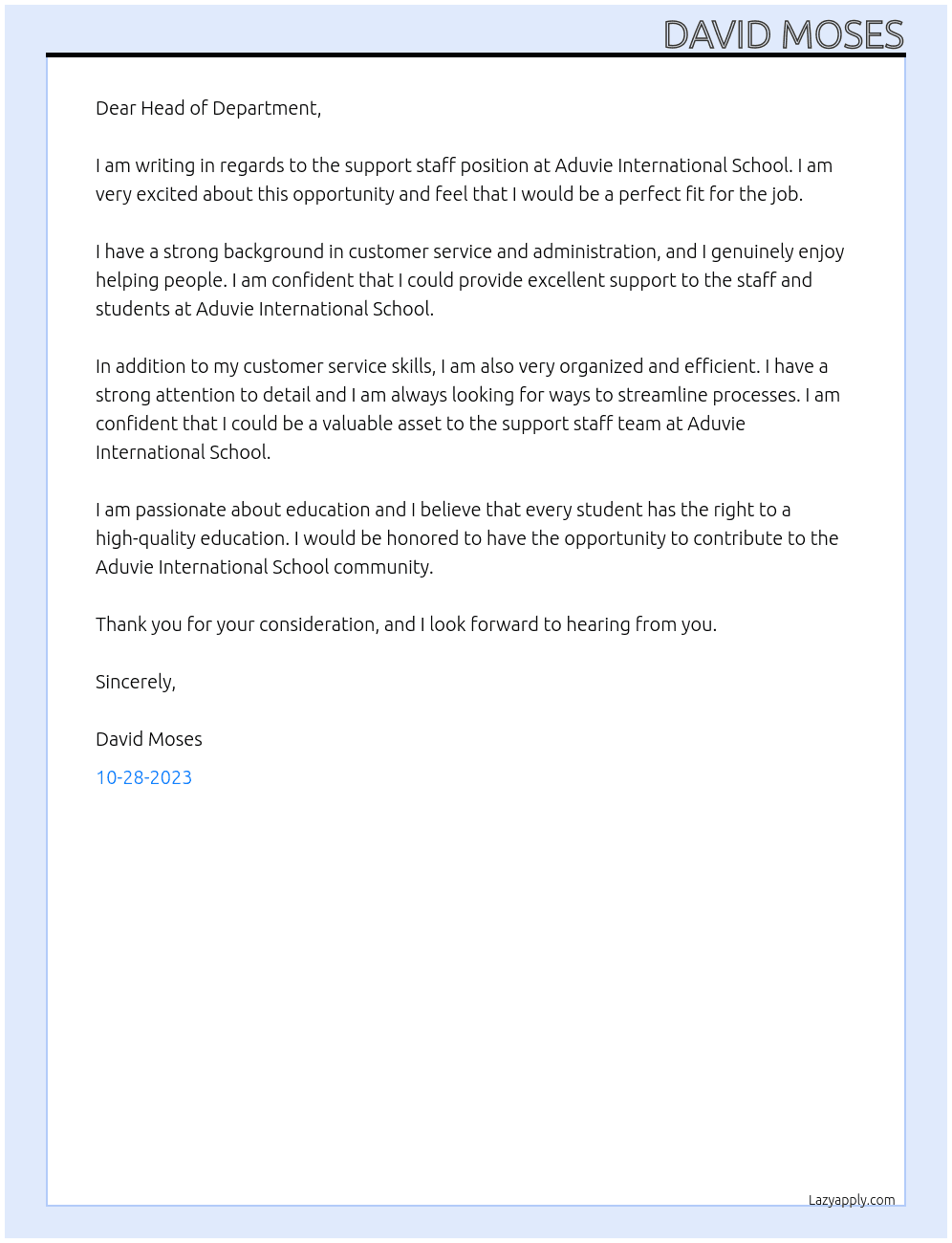 support staff At Aduvie international school Cover Letter