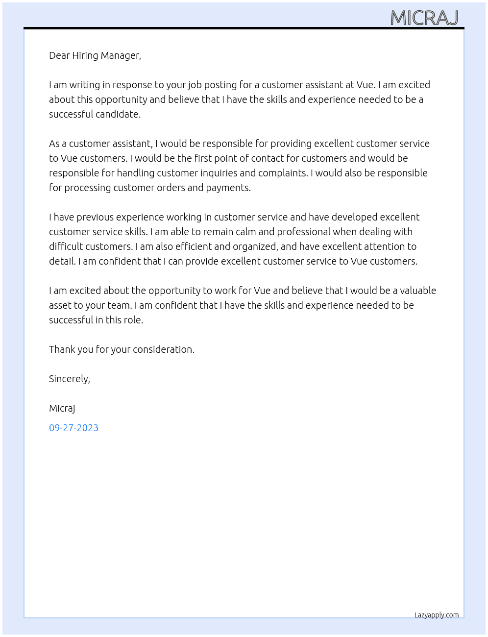 Customer assistant  At Vue Cover Letter