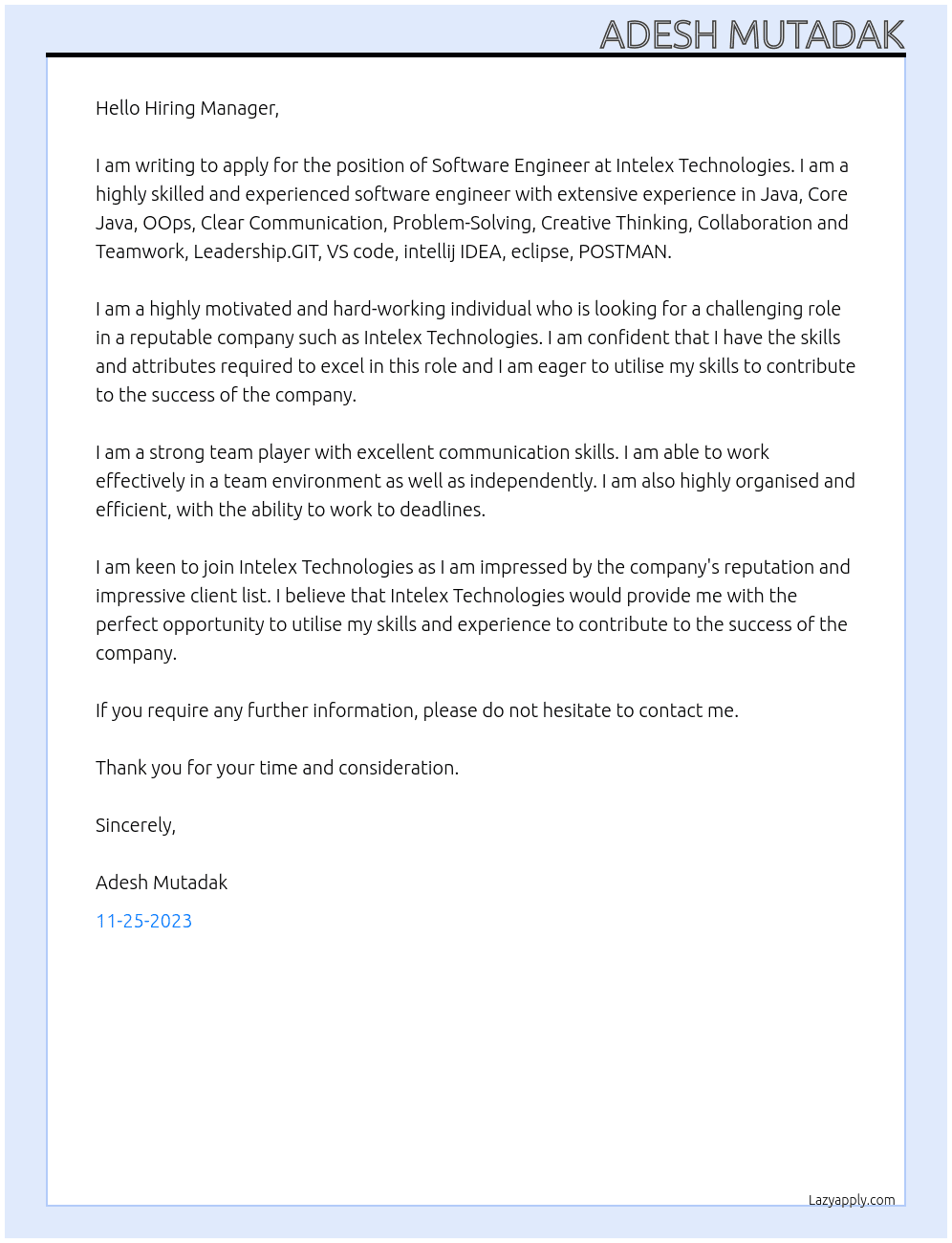 Software Engineer At  Intelex Technologies Cover Letter