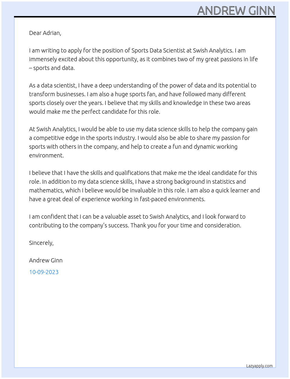 Sports Data Scientist At Swish Analytics Cover Letter